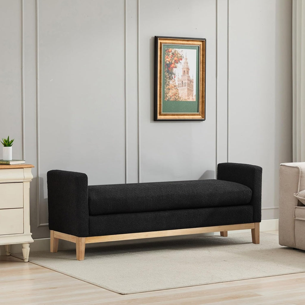 Oversize Boucle Bench Ottoman with 2 Bolster Pillows & Wood Legs, Upholstered End of Bed Daybed Seating, Foot Rest