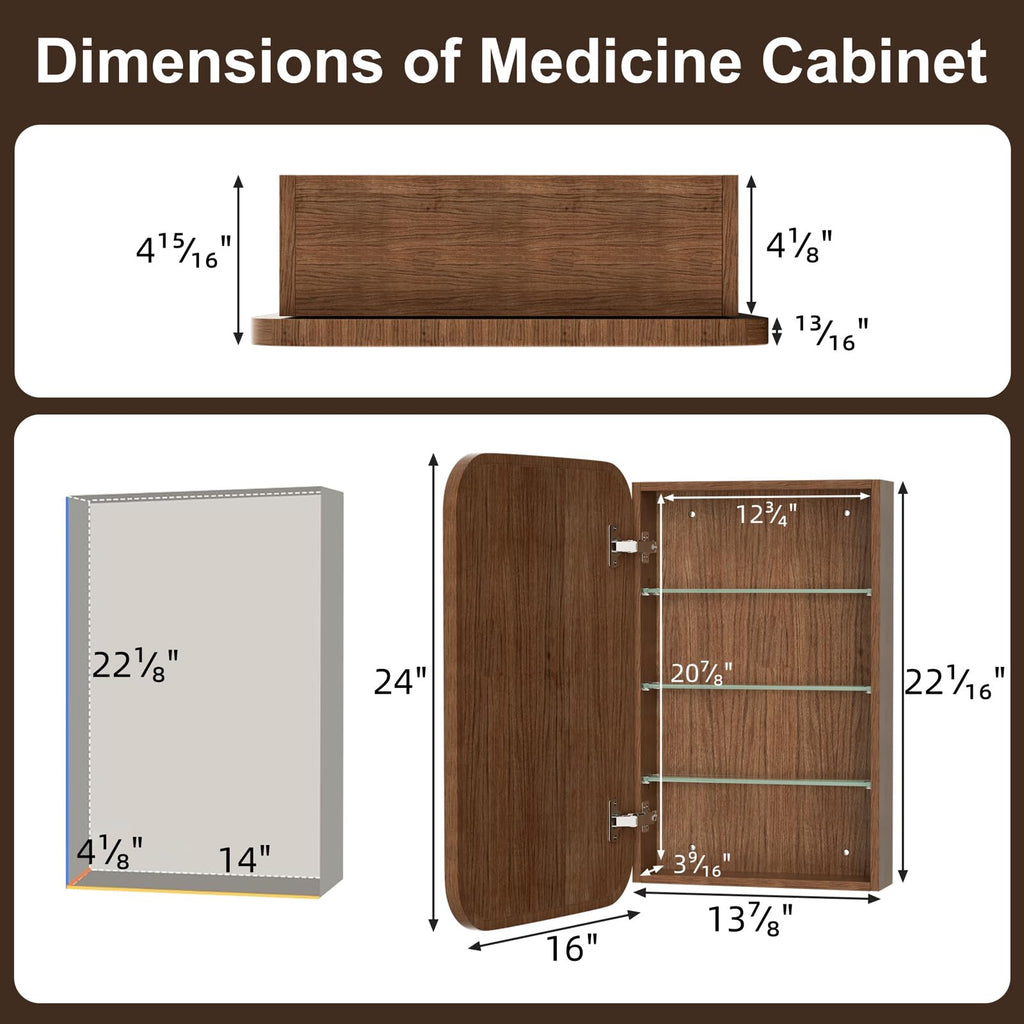 16x24 Inch Wood Medicine Cabinet with Mirror, Walnut