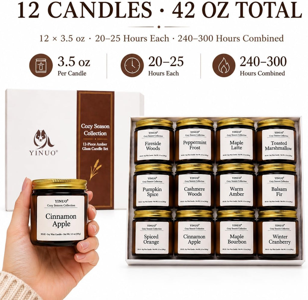 12-Piece Fall & Winter Scented Candle Gift Set, 3.5 oz Each | 12 seasonal scents in amber glass jars, soy wax and