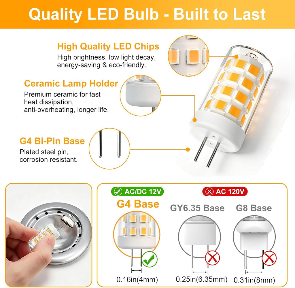 G4 LED Bulb 4W Equivalent 40W 480LM 2700K Warm White12V AC/DC
