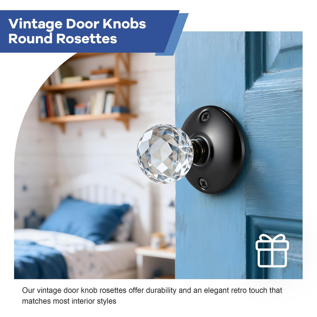 12 Pack Vintage Door Knobs Round Rosettes, Old Style Door Knob(Matte Black)