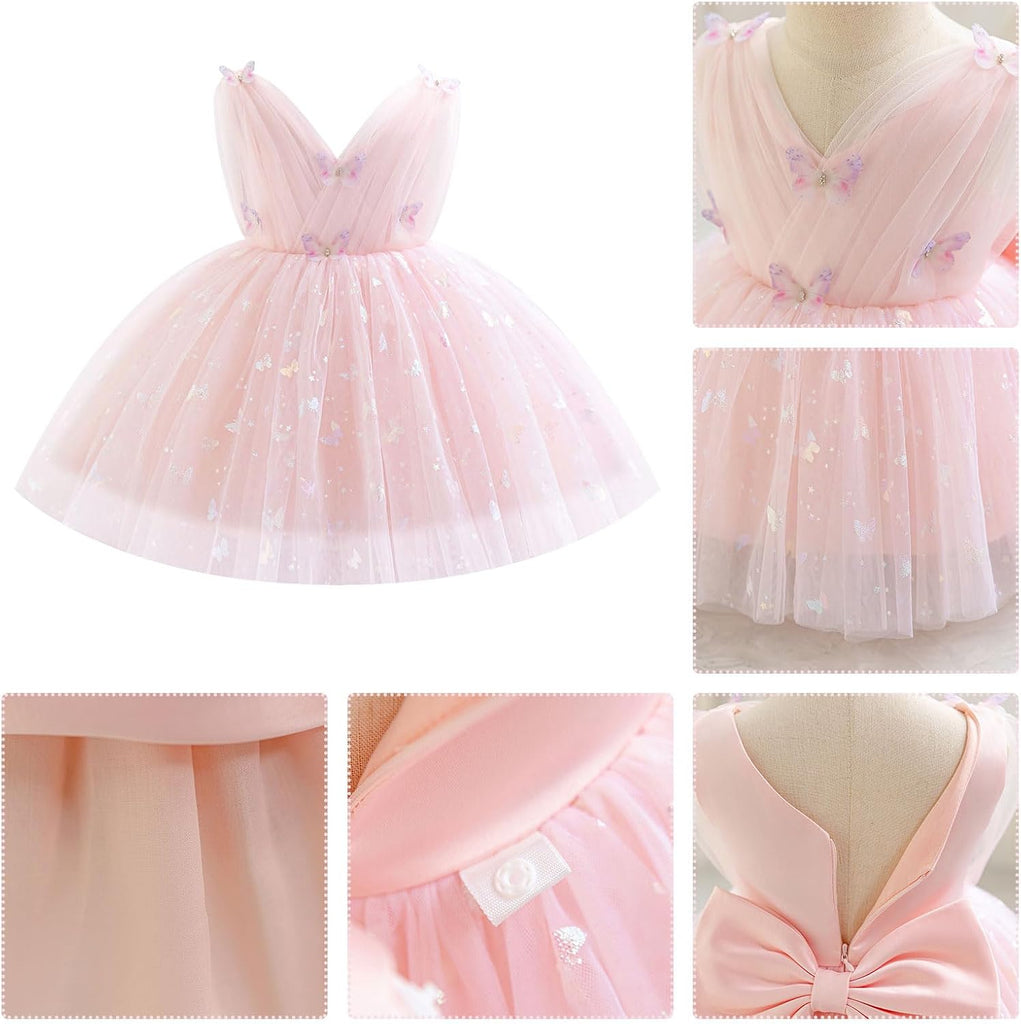Toddler Baby Girls Shiny Butterfly Tutu Dress Princess Birthday Party Pageant Flower Girl Wedding V-Backless Dresses