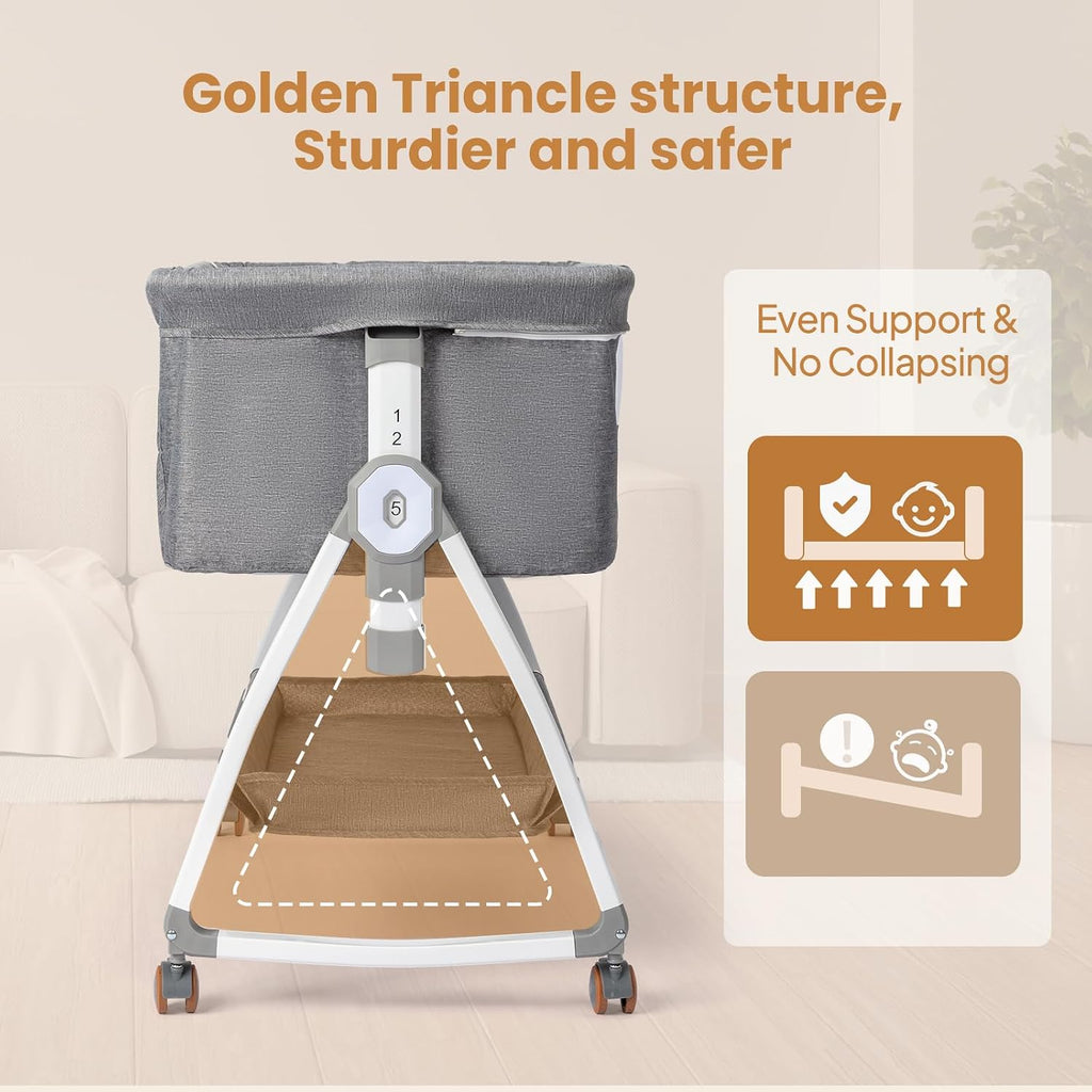 3 in 1 Baby Bassinet, Bedside Bassinet for Baby, with Comfy Mattress and Wheels, 6 Height Adjustable Easy Folding