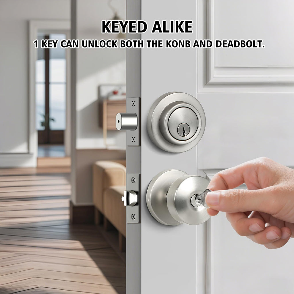 Door Knob and Single Cylinder Deadbolt Combo Set, Front Door Lock Set, Exterior Door Lock Set with Deadbolt, Keyed