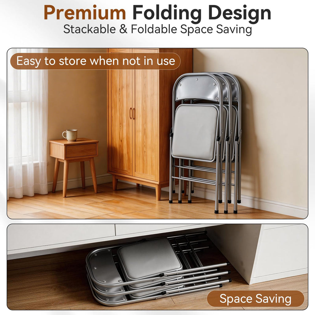 6 Pack Grey Folding Chairs with Padded Seats, 330lbs Capacity