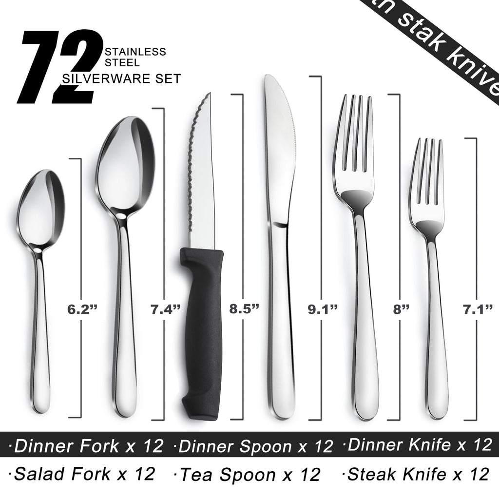 72-Pieces Silverware Set for 12, Flatware Set with Steak Knives, Stainless Steel Cutlery Set, Include Forks Spoons