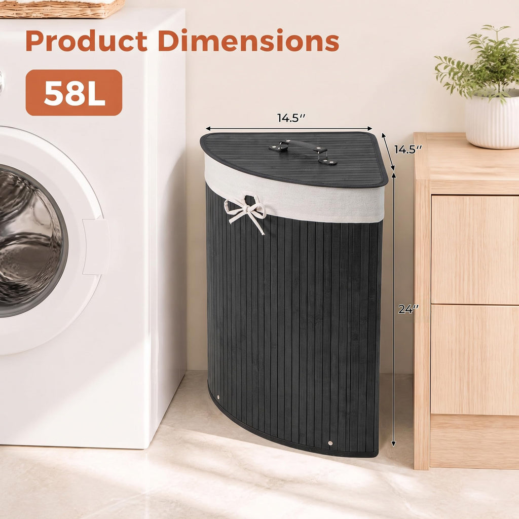 Corner Bamboo Laundry Hamper with Lid and Removable Liner, Washing Clothes Basket Storage Bin with Handle, Suitable
