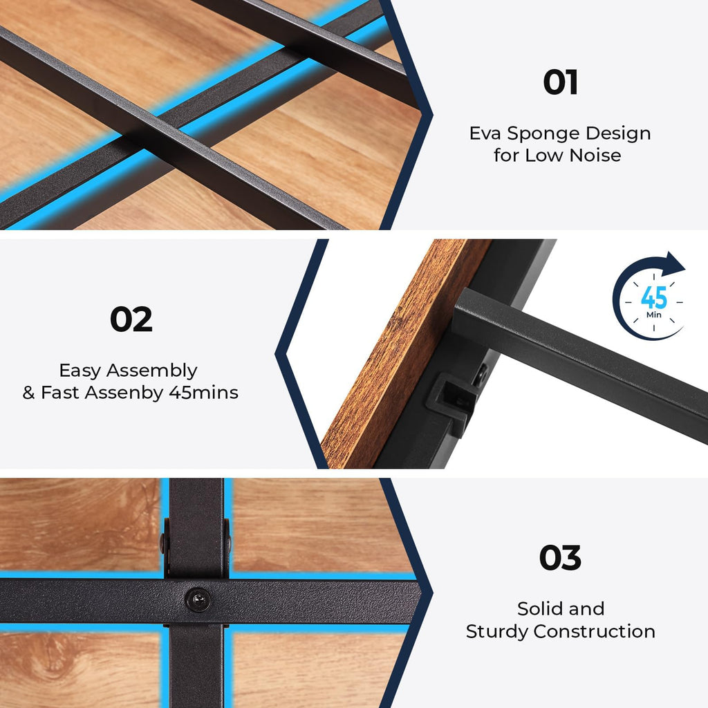 Bed Frame with 2-Tier Storage Headboard, Sturdy Metal Platform Bed Frame with Charging Station & LED