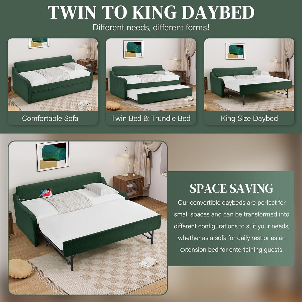 Twin-to-King Daybed with Pop-Up Trundle, USB Port, Corduroy, Green | Twin-to-king daybed with pop-up trundle