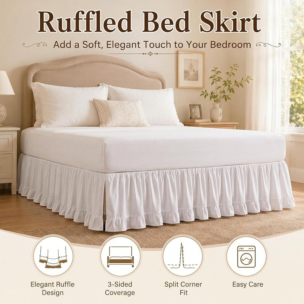 White Ruffled Queen Bed Skirt, 14 Inch Drop, Split Corners, Boho | Fits 60 x 80 in Queen Beds; 3 Sided Coverage;