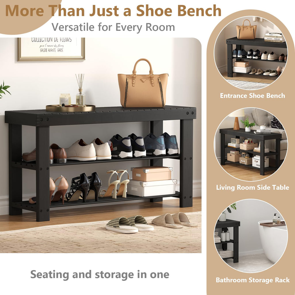 Shoe Rack Bench, 3-Tier Bamboo Organizer, 11x36x18in, Black