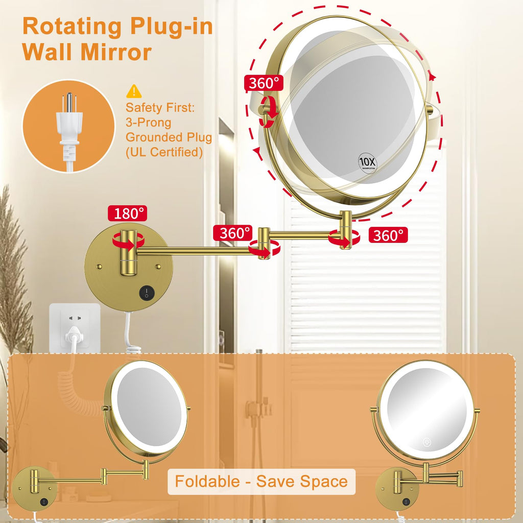 9" Wall Mounted Lighted 1X/10X Magnifying Mirror, Gold