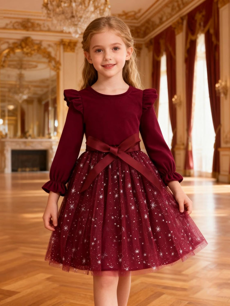 Toddler Girls Tutu Dresses Velvet Tulle Dress with Sequin Long Sleeve Holiday Party Fall Winter Dress
