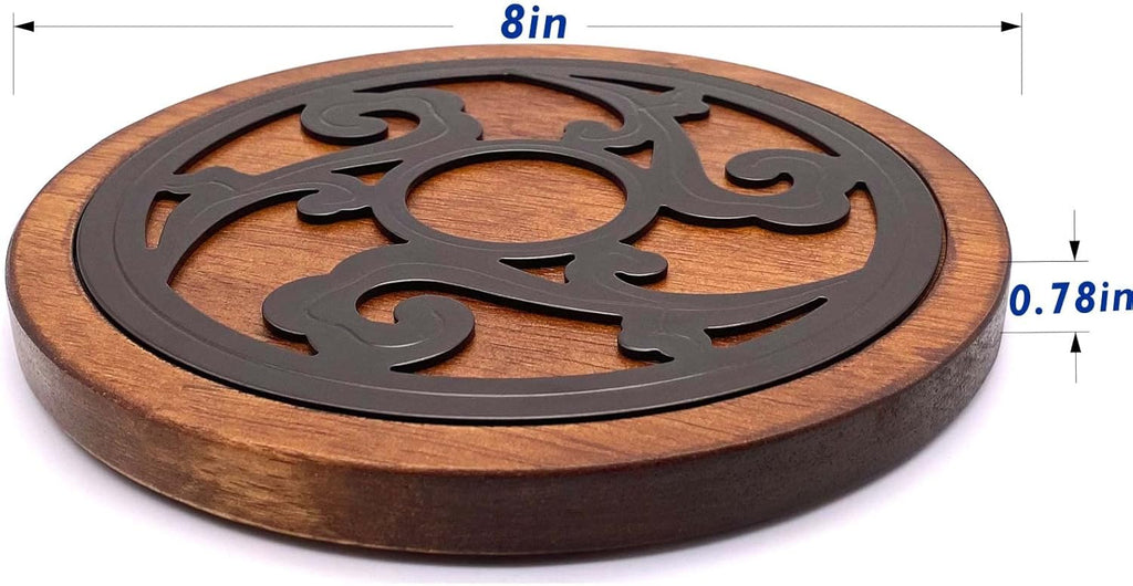 Cast Iron with Wood Trivets, Wooden Trivets for Hot Dishes, 8-inch Round Kitchen Hot Pads for Table - Set of 2