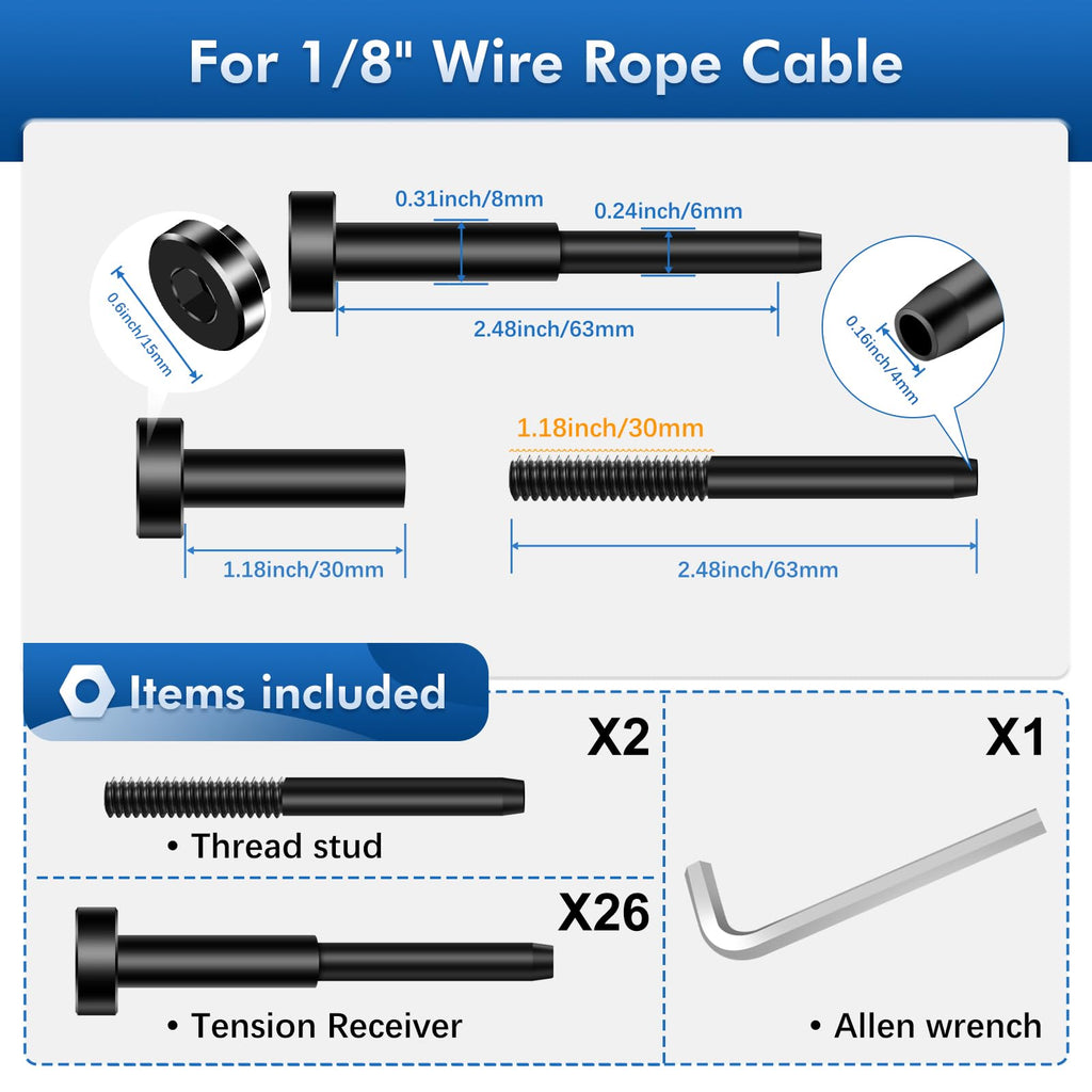 26Pack Black PVD Technology Invisible Cable Railing Kits, Marine Grade T316 Swage Tensioner and Terminal Hidden for