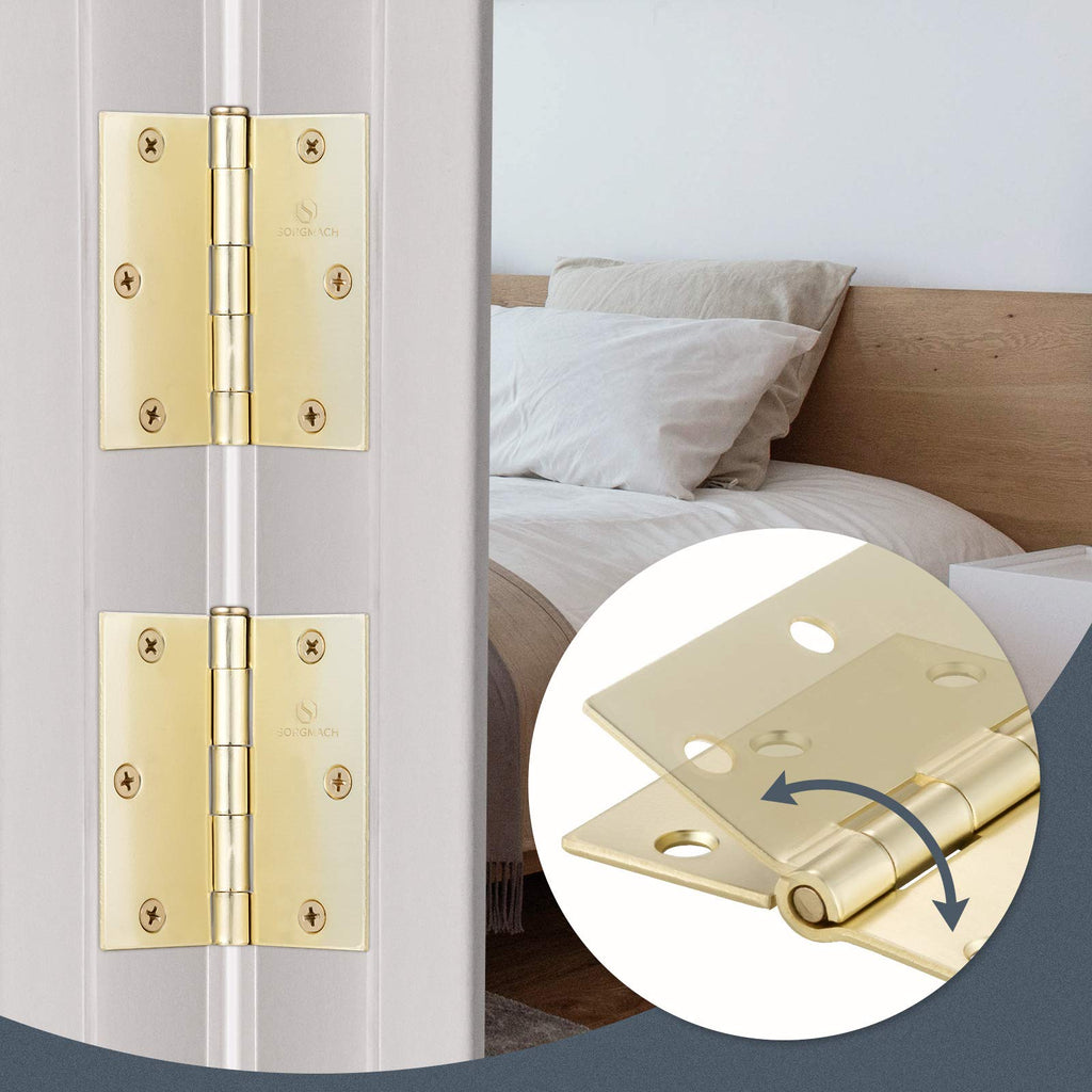 Door Hinges Satin Brass 3.5 Inch Interior Hinges Hardware Hinge Square Corner Brushed Brass Door Hinges- 3 Pack