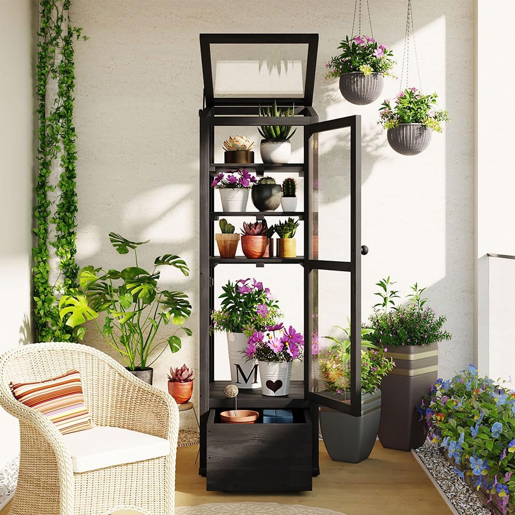 Wooden Cold Frame Greenhouse, Portable Garden Raised Flower Planter Shelf with 3 Removable shelves Mini Greenhouse