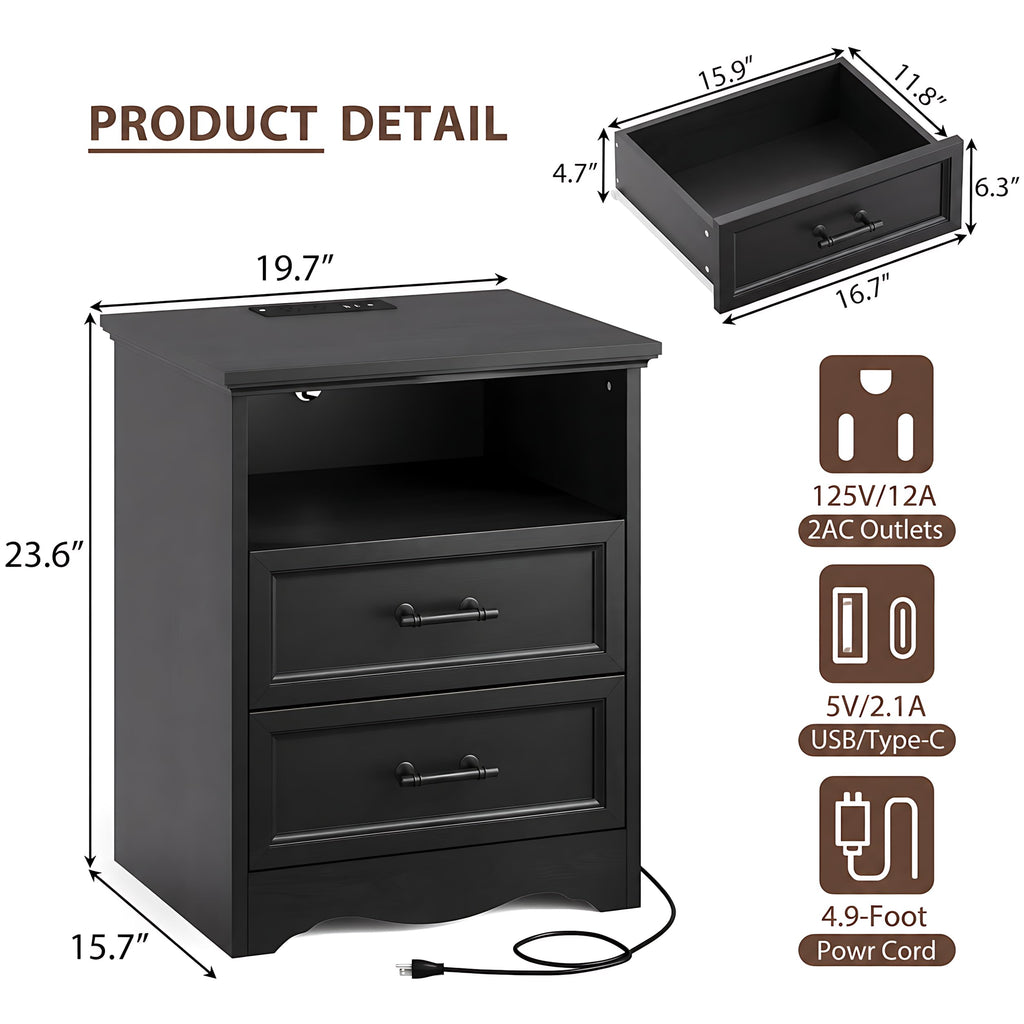 Black Nightstand with Charging Station, 19.7" 2-Drawer End Table