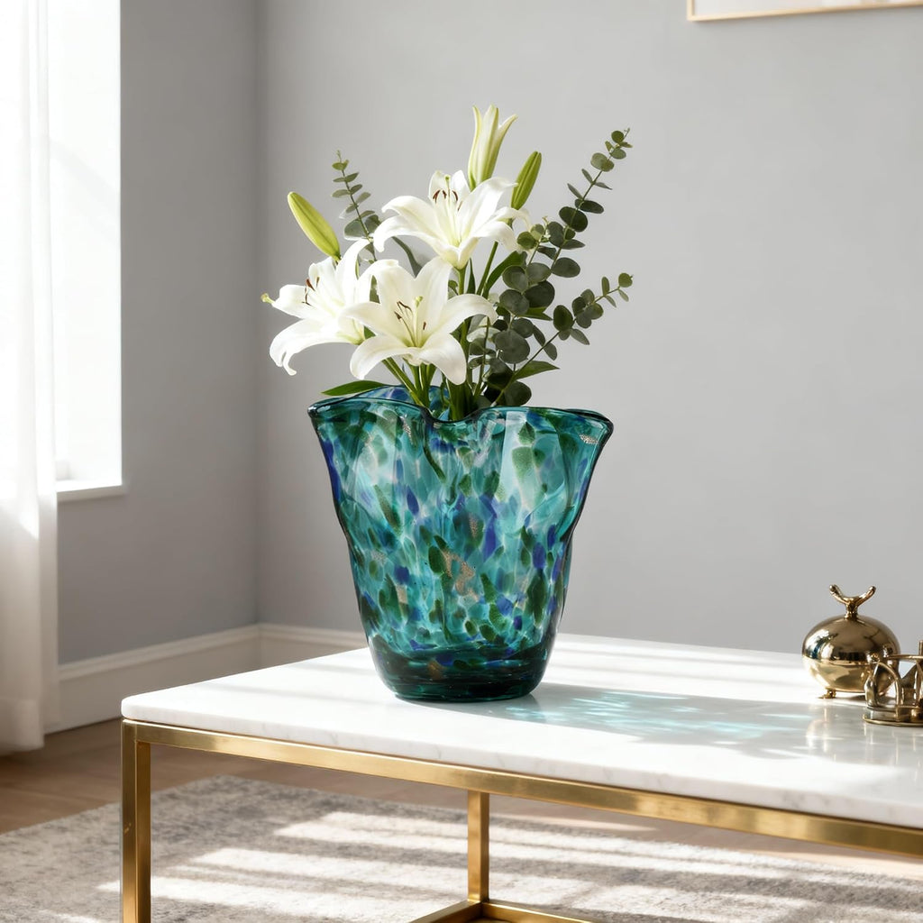 Hand Blown Glass vase, Green Wide-Mouth Petal-Shaped vase, Modern Glass Art Decoration - Set of 2