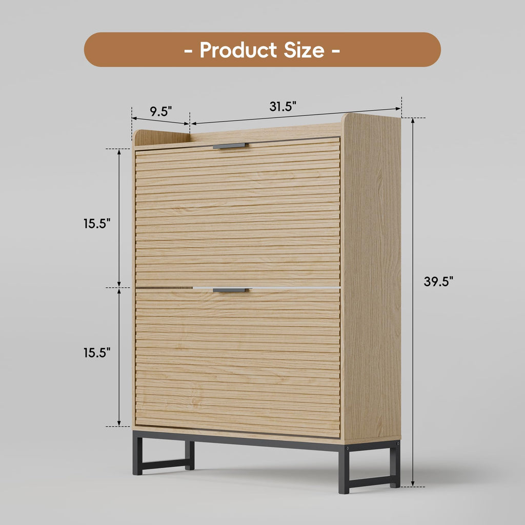 MU Shoe Storage Cabinet with 2 Flip Drawers, Freestanding Fluted Shoe Cabinet, Narrow Wood Shoe Cabinet, Hidden Shoe