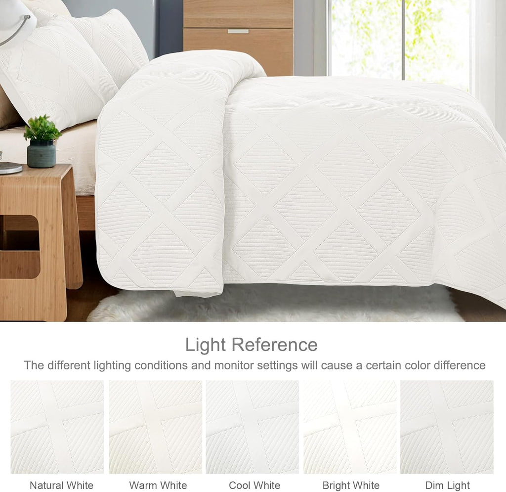 King Quilt Set- White Quilts Bedding Set with 2 Pillow Shams, Modern King Bedspread with Striped Pattern, Soft