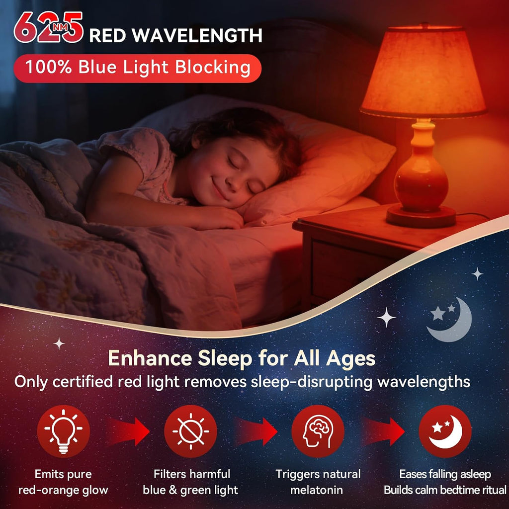 625nm Red Light Bulbs for Sleep, 100% Blue Light Blocking Bulb for Melatonin Promote, A19 LED 9W 60W Red Night Bulb