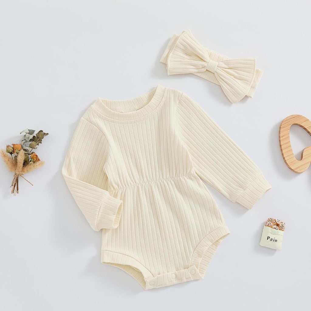 Newborn Baby Girl Fall Outfits Long Sleeve Ribbed Knit Jumpsuit Romper with Headband Infant Clothes Sets