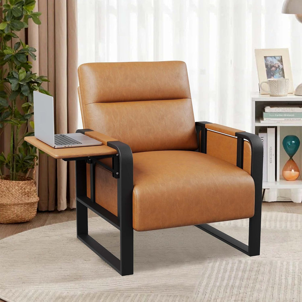 Brown Accent Chair PU Leather Upholstered Armchair with Side Table