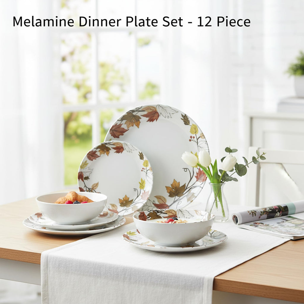 Melamine Dinnerware Set for 4, 12-Piece Fall Dishes, Yellow Maple Leaves