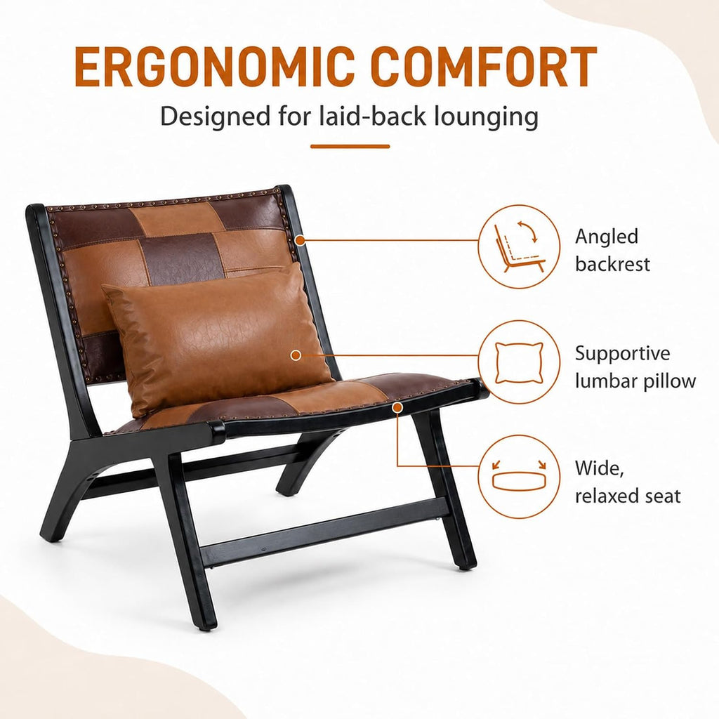 Modern Boho Accent Chair, Mid Century Lounge Chair with Solid Wood Frame, PU Leather Side Chair, Designer Small