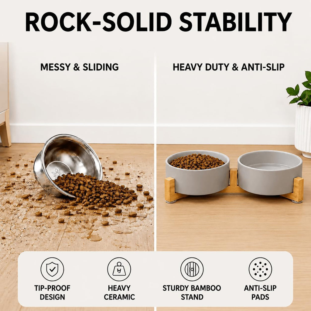 Ceramic Dog and Cat Bowl with Wood Stand Non-Slip Matte Glaze Weighted Food Water Set for Cats &Small Dogs 13.5OZ