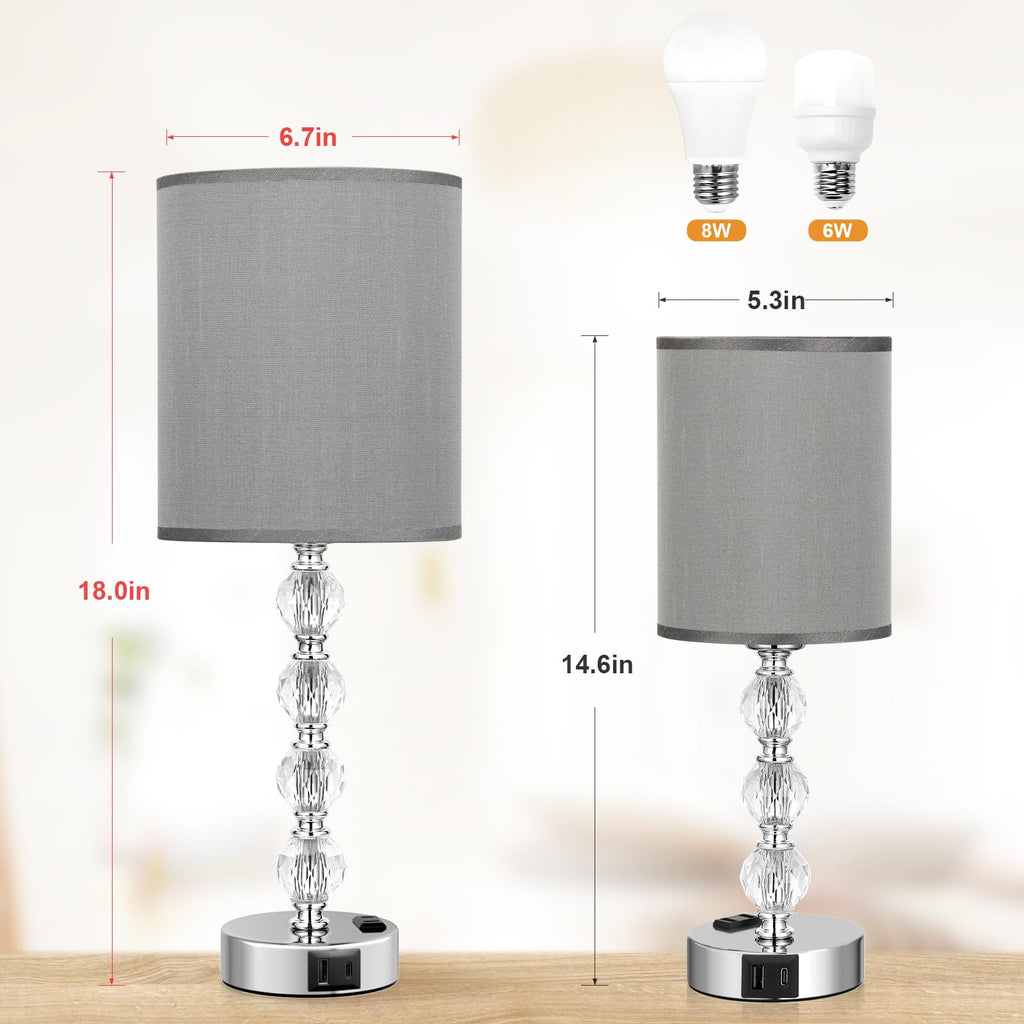 Touch Bedside Crystal Lamps s Nightstand with USB C+A Charging Port and AC Outlet White, 3 Way Dimmable Silver Large