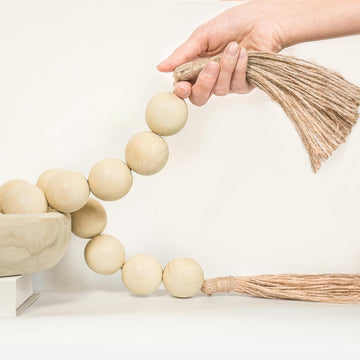 Extra Large Wood Bead Garland with 1.6" Diameter Wood Beads, Wooden Beads Garland with Tassels, Decorative Beads