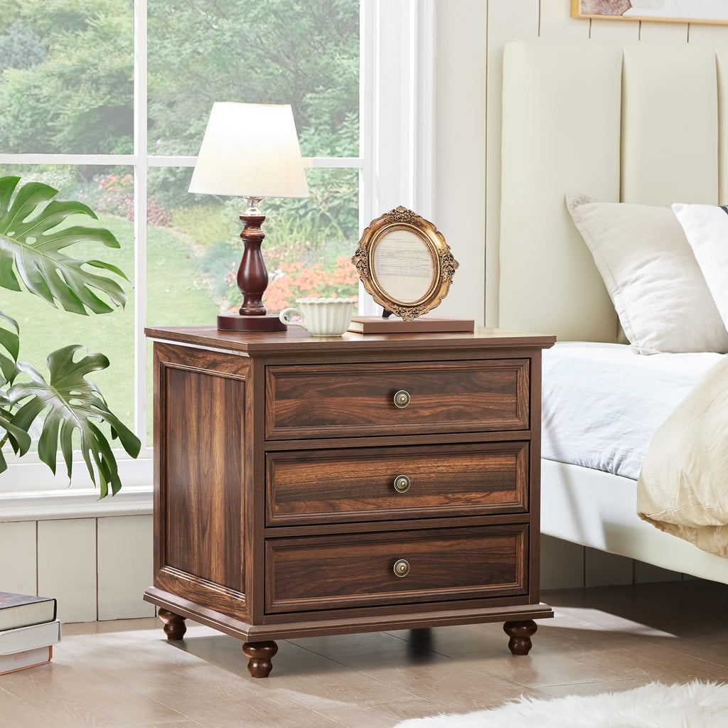 24" Wide Farmhouse Night Stand Set of 2, Large End Table with 3 Drawers & Metal Handle, Brown Wood Dresser Cabinet, Bed