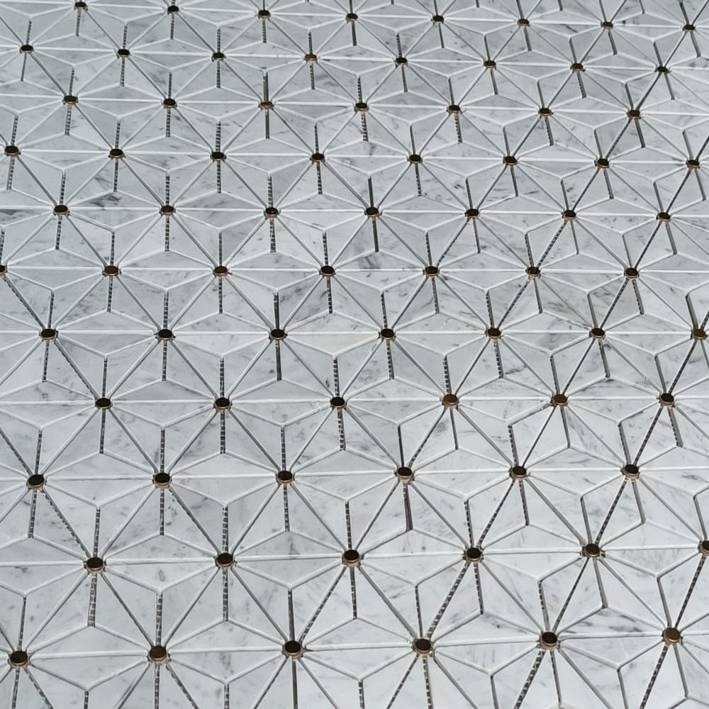 Carrara White Marble 1.5x2.5 Rhombus Triangle Geometric Mosaic Tile w/Round Brass Dots Polished Kitchen Bath Wall