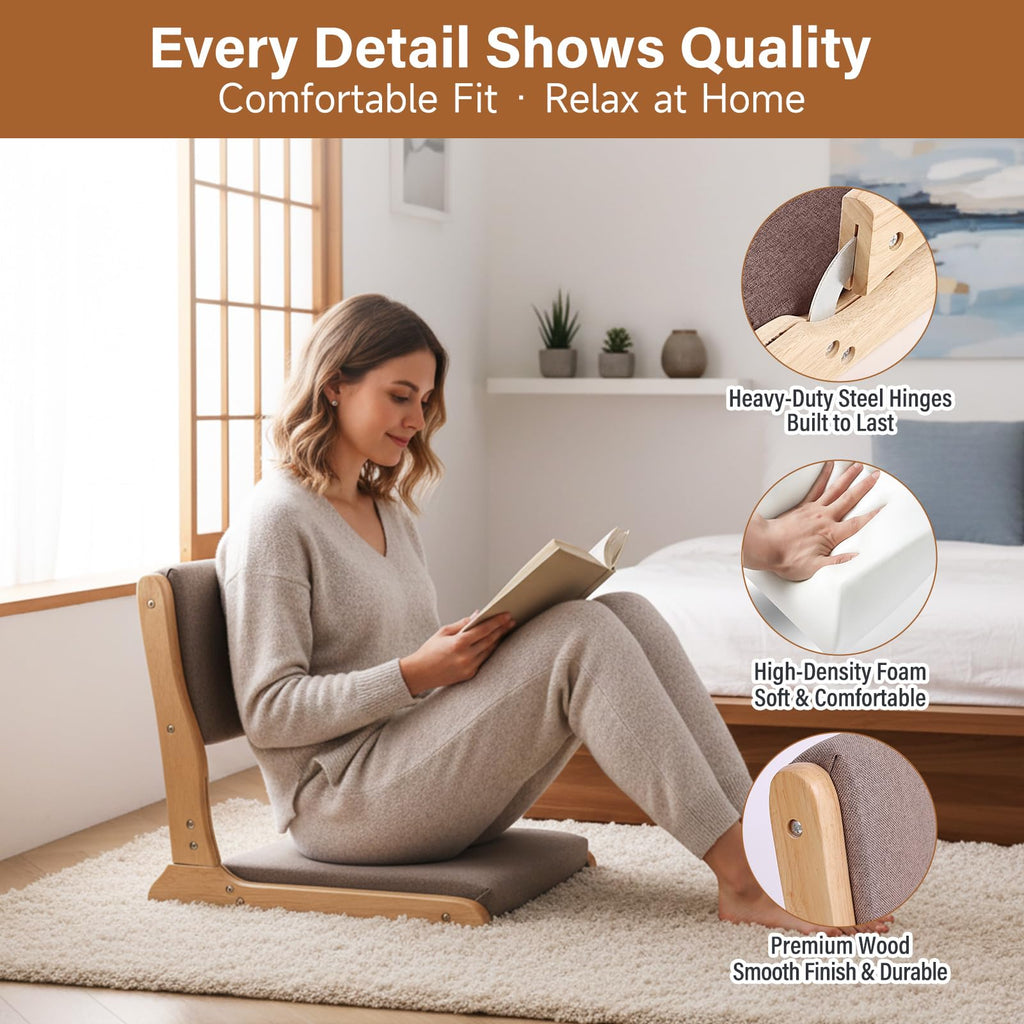 2-Pack Foldable Meditation Floor Chairs with Back Support, Wood Grey