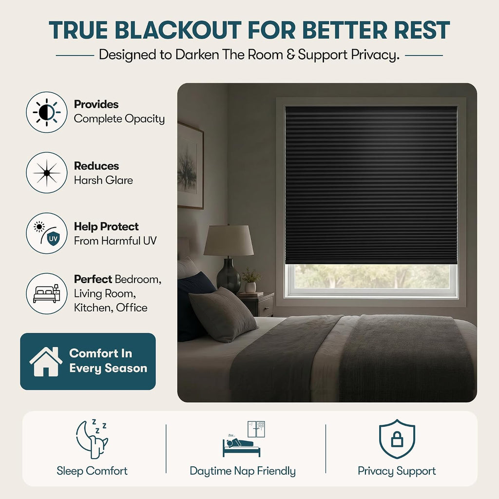 No Drill Cordless Cellular Shade, Black, 19" W x 64" H