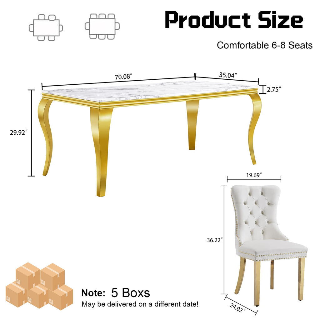 7-Piece Dining Table Set for 6, Faux Marble Dining Table Set with 70'' Marble Dinner Table and 6 Velvet Wing Back