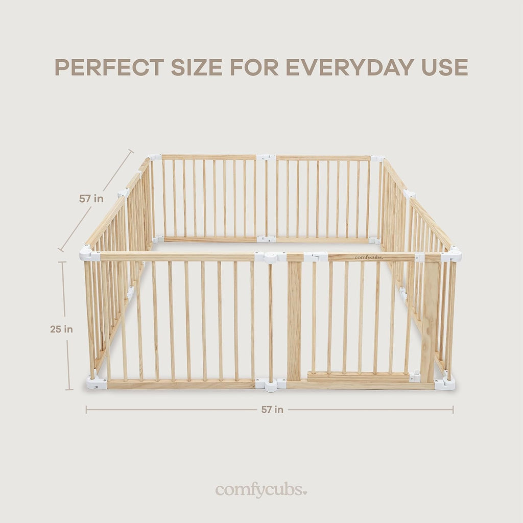 Baby Gate Playpen 57x57x25in - Foldable Playpen Light Wood White | Extends Up to 228", Natural Pine Wood Baby Fence