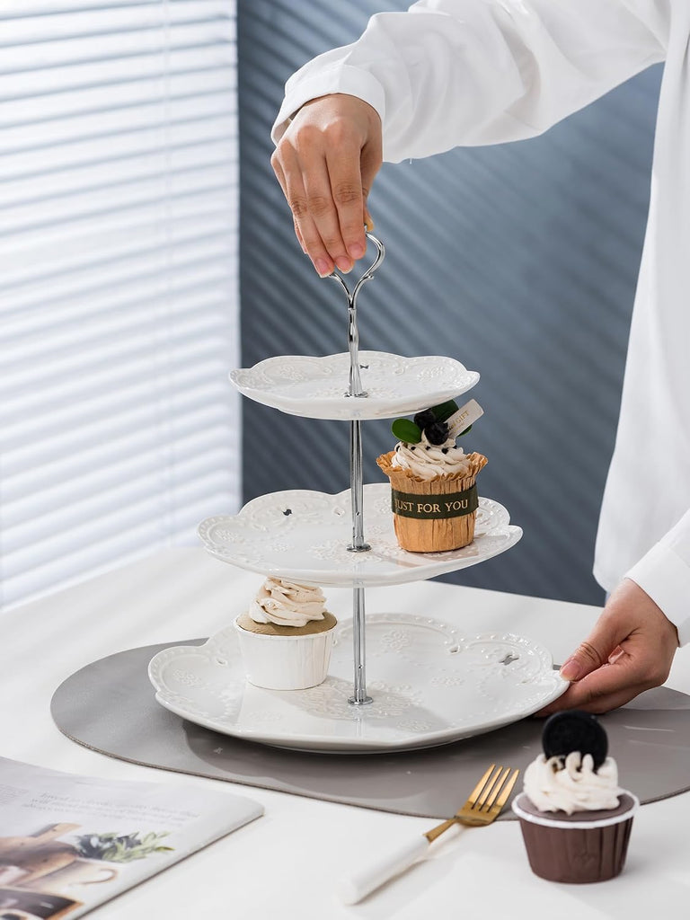 3 Tier White Porcelain Cake Stand, Cupcake Stand with Silver Pilar
