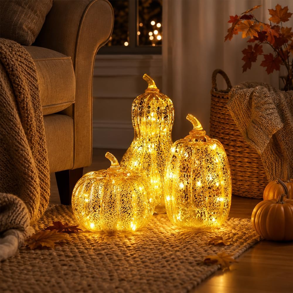 Lighted Glass Pumpkin Decor, Set of 3 Gold Mercury Glass Pumpkins with Lights and Timer for Fall Thanksgiving