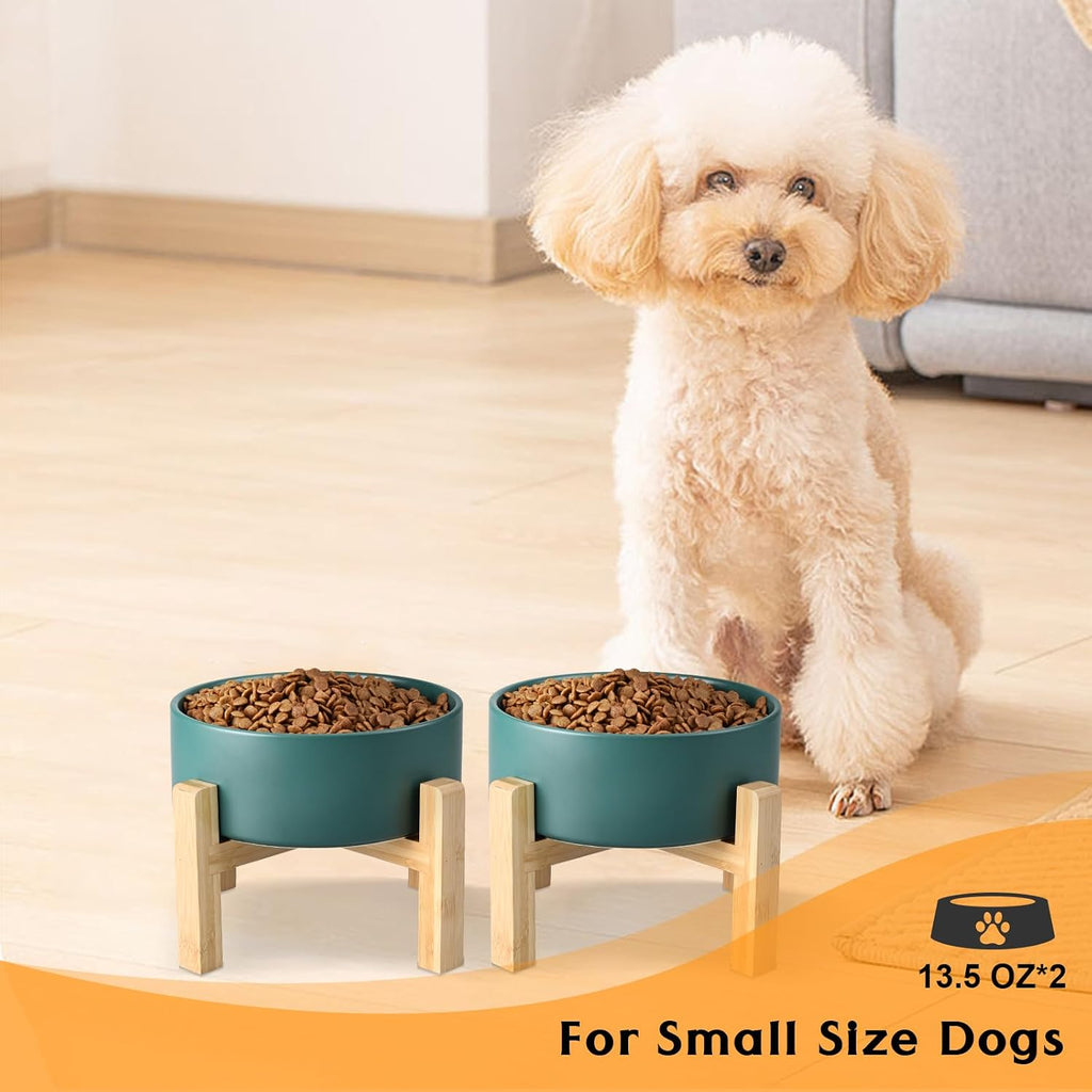 Ceramic Elevated Dog Bowls 2 Pack - 5.1inch Raised Dog Bowls with Non-Slip Wooden Stand for Small Dogs Dishwasher