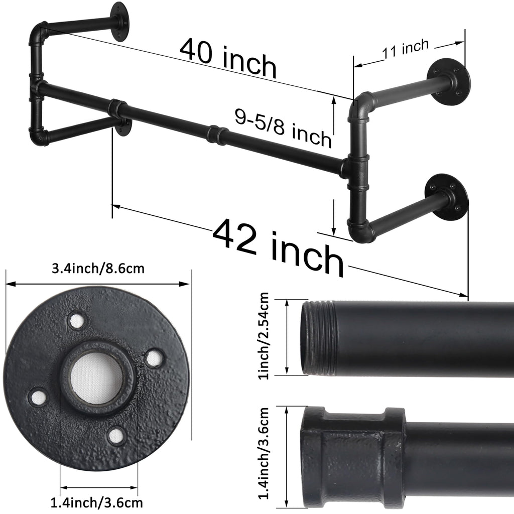 Clothing Rack Wall Mount,42" Industrial Pipe Clothes Rack for Hanging Clothes,Heavy Duty Iron Garment Rack Bar,Retail