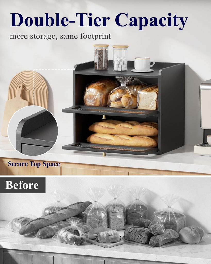 Bread Box - Wooden Countertop, Large Capacity, Black