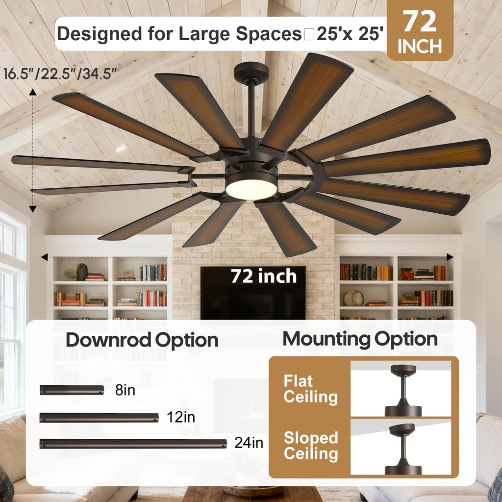 72 Inch Outdoor Wind Mill Ceiling Fan with Light, High 8095 CFM Damp Rated