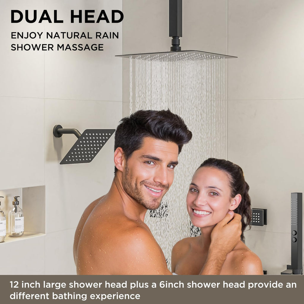 Shower System with Body Jets Matte Black, 4 Way 12+6" Shower Faucet Sets Complete with 2 in 1 Handheld,Ceiling