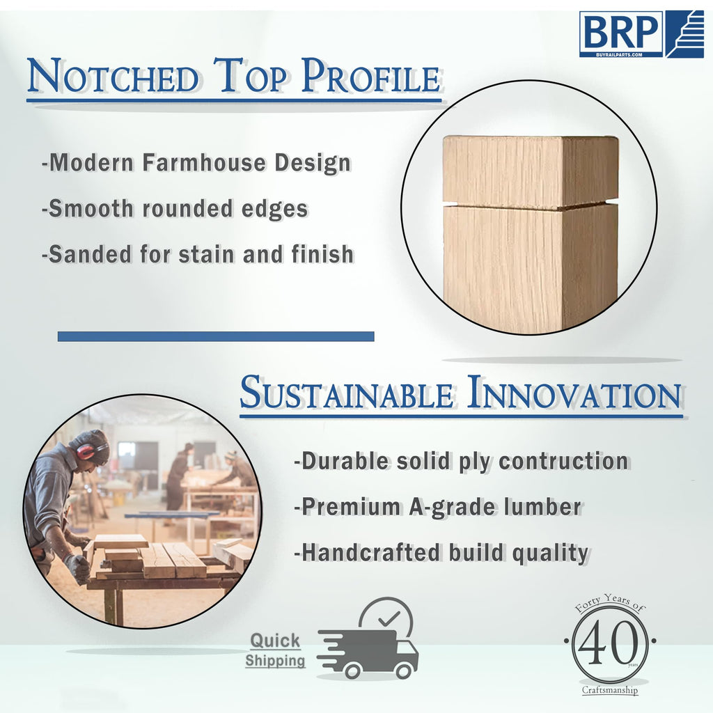 4302 White Oak Notched Blank Newel Post - 3.5" x 54" Solid Hardwood Stair Newel Post - Routed Flat Top