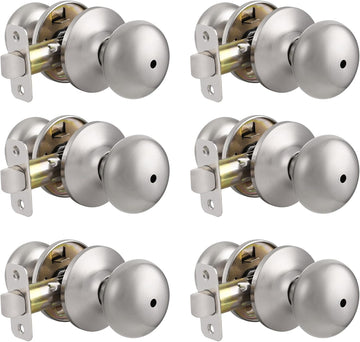 Privacy Stainless Steel Door Knobs Interior, Bed/Bathroom Door Knob(Bedroom & Bathroom) Brushed Nickel, 6 Pack