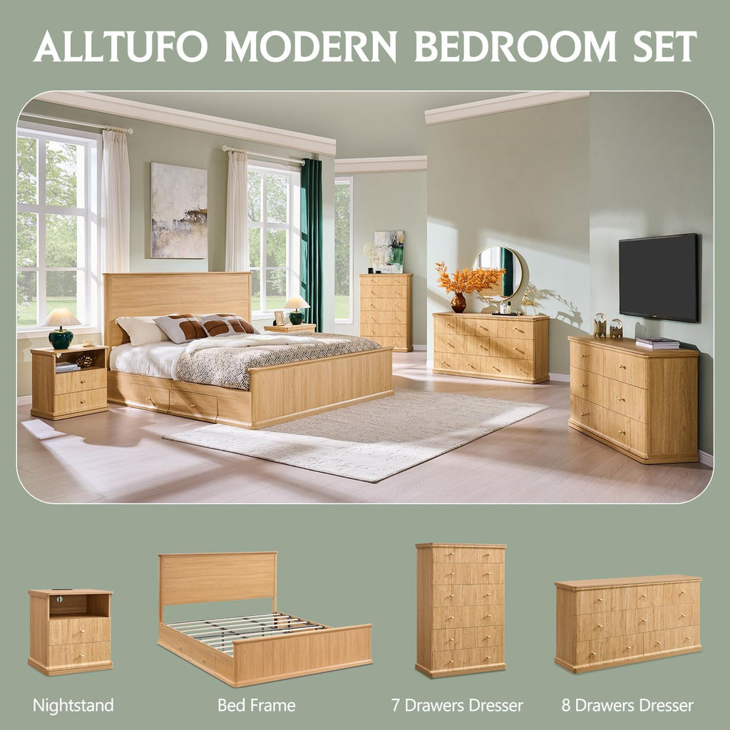 Modern 8 Drawers Dresser , 55" Wide Wood Dressers & Chests of Drawers w/Curved Waterfall Edge, Large Storage Dressers