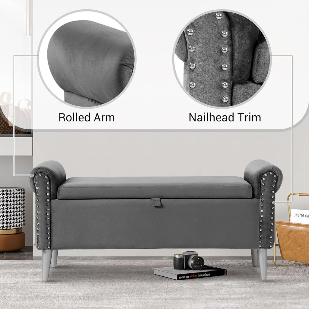 Storage Bench - Grey Velvet Bench with Storage 47" | Featuring Rolled Arms Decorative Nailhead Trim Safety Hinge